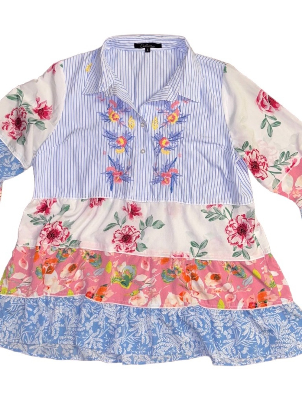 Calessa • Large • Boho • Multi-Colors • Floral/Striped • Embroidery • Tunic Top